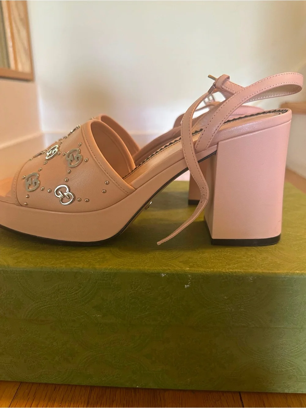 Gucci Blush Pink Platform Slingback Sandals with Interlocking G Studs